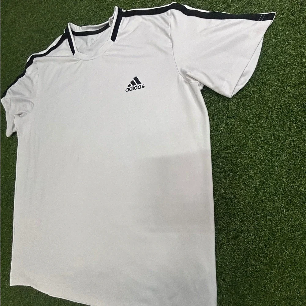 Adidas Climalite Mens XL White Black 3-Stripe Short Sleeve Athletic T-Shirt